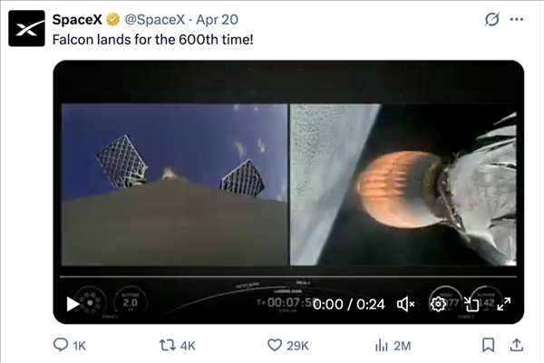 SpaceX猎鹰火箭600次回收完成！星链卫星在轨10279颗
